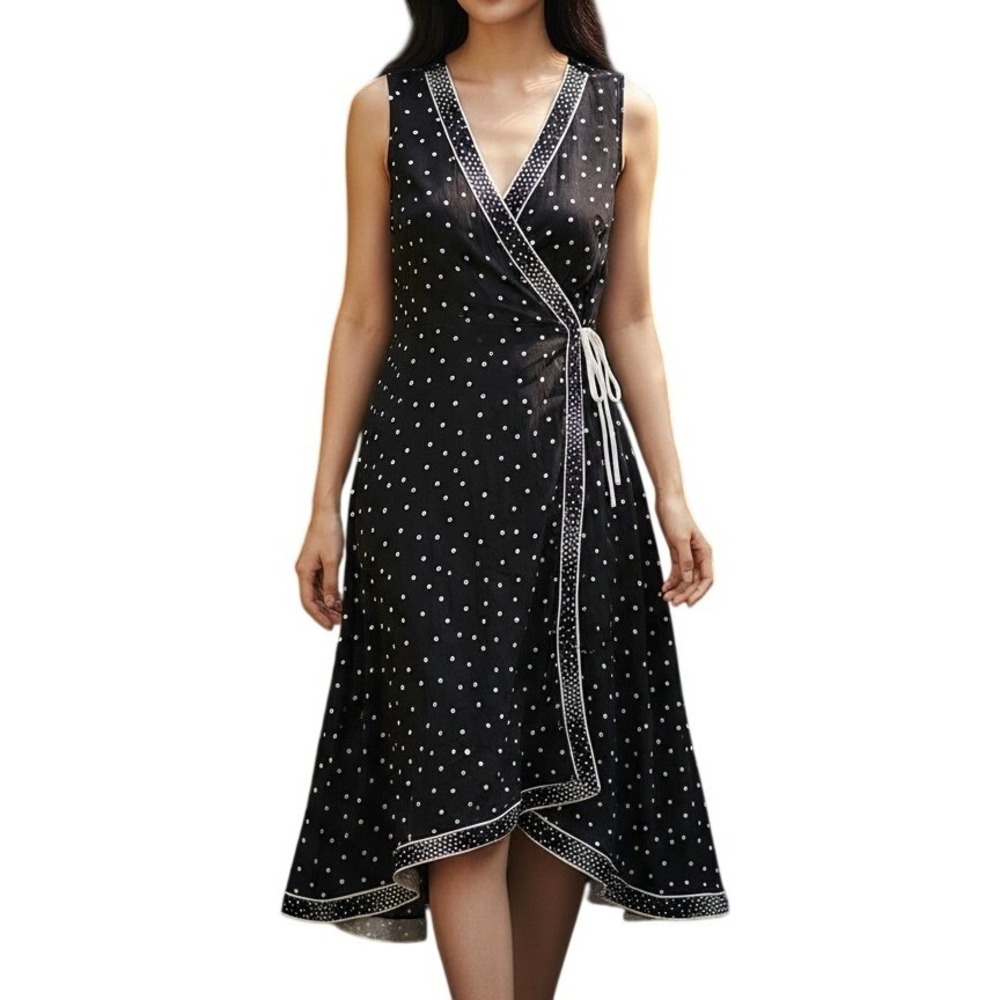 Coco Reef Polka Dot Swim Cover Up Dress Black White Tie Front Handkerchief Hem M